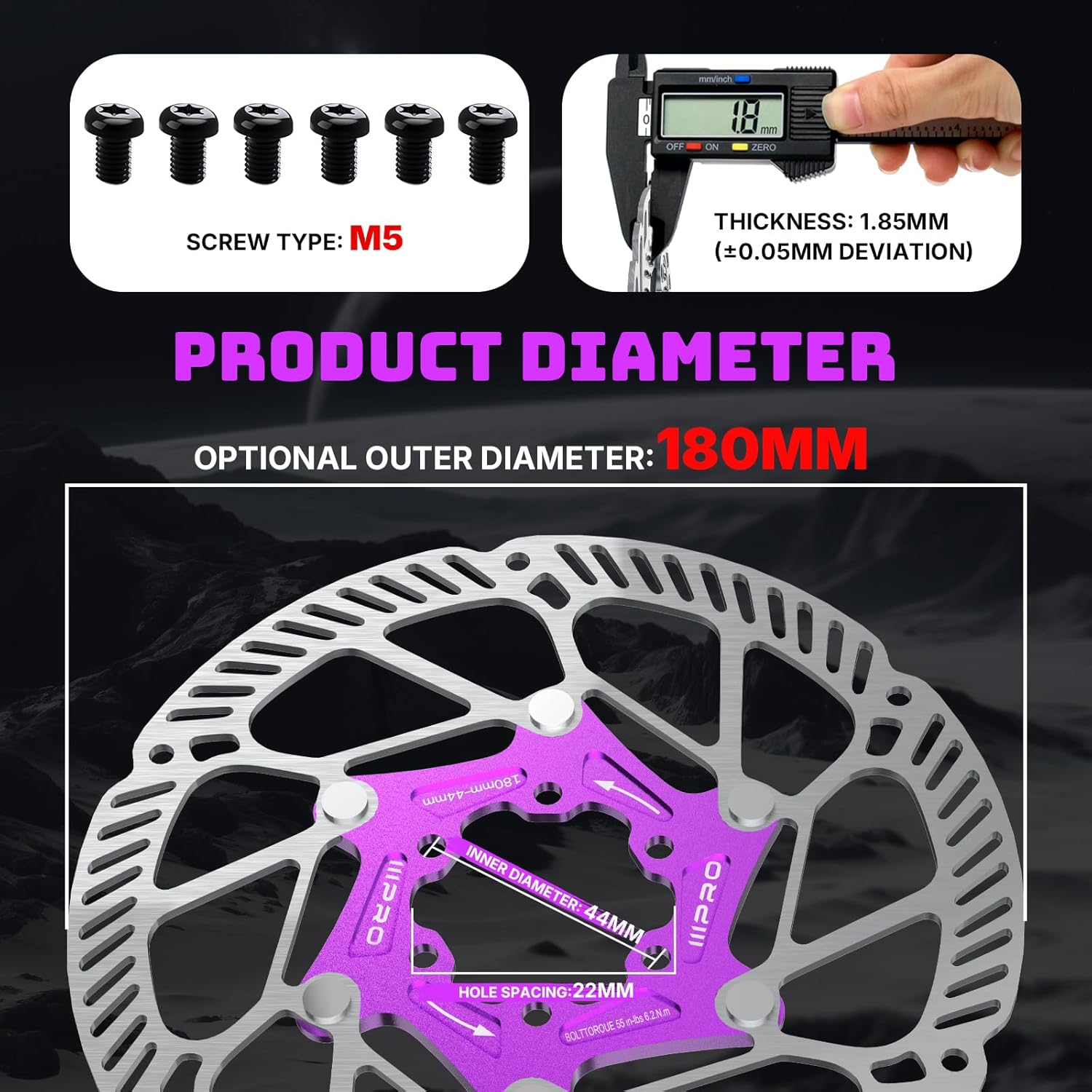 RACEDUEL IIIPRO A2 140mm 160mm 180mm 203mm Floating Bike Disc Brake Rotor with 6 Bolts,MTB Mountain Bike Stainless Steel Rotors M5 Screws, Bicycle Disc Brakes Rotors fit Road Bike/Ebike/BMX(Purple)