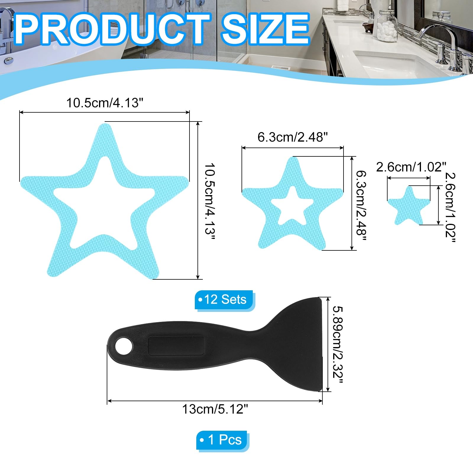 PATIKIL Adesivi Antiscivolo per Vasca da Bagno, 36 Pezzi Sticker Sicurezza Stella per Doccia Pavimento Antiscivolo con Adesivi E Raschietto per Vasca Doccia Pavimento Scale, Blu