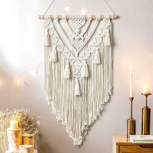 Dremisland Macrame Woven Wall Hanging Boho Geometric Woven Tapestry Beige