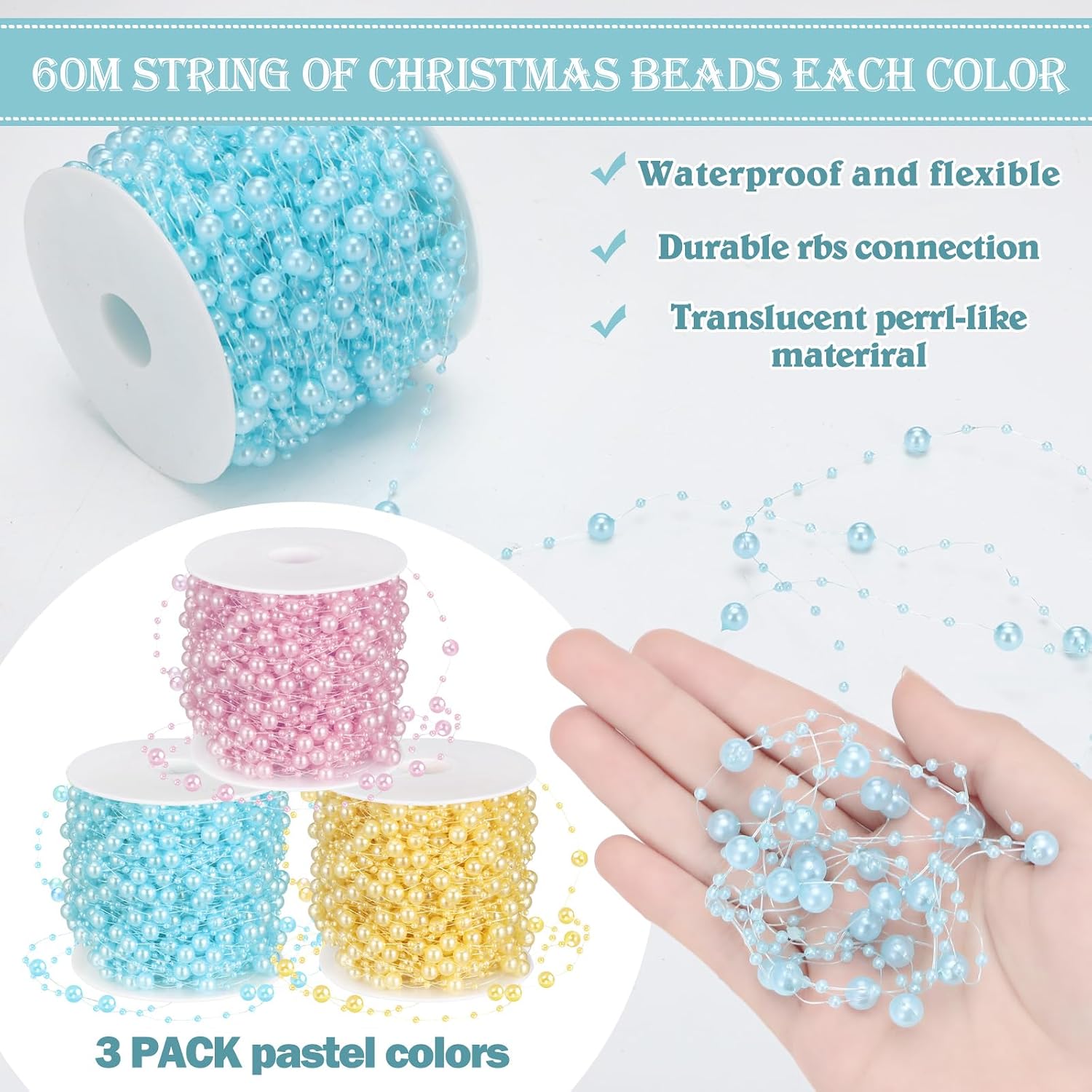 Highergo 600 Feet Pastel Christmas Beads Garland Decoration Christmas Tree Decor Pastel Pearl Strands Chain for Xmas Tree Decoration Indoor Outdoor Home Mantle Fireplace Holiday Decor