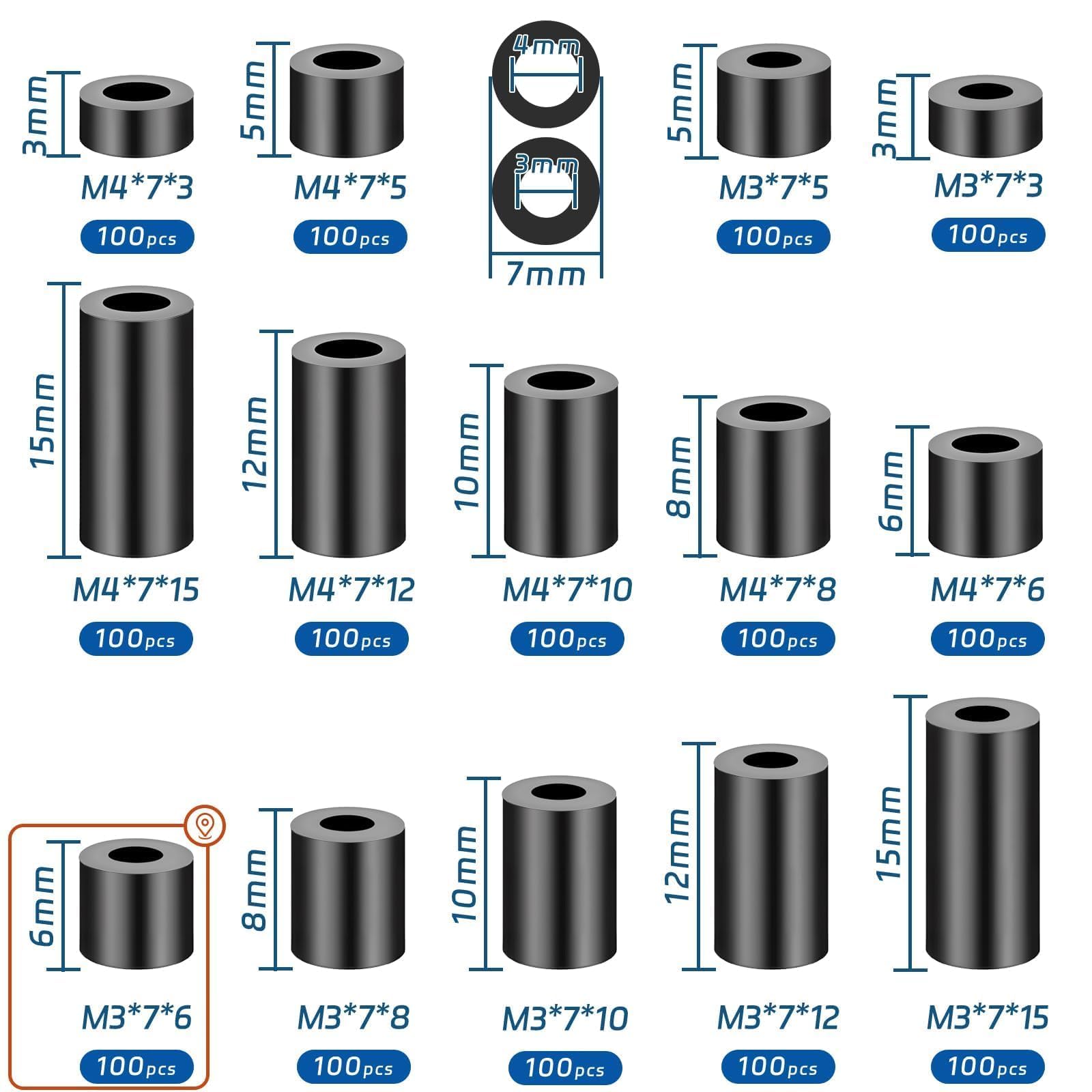 SWTYExt 100 Pezzi Spessori in Gomma M3-7X6 mm ABS Distanziatori Distanziali Rondelle Plastica Boccole Teflon per Motori Macchinari Automobili