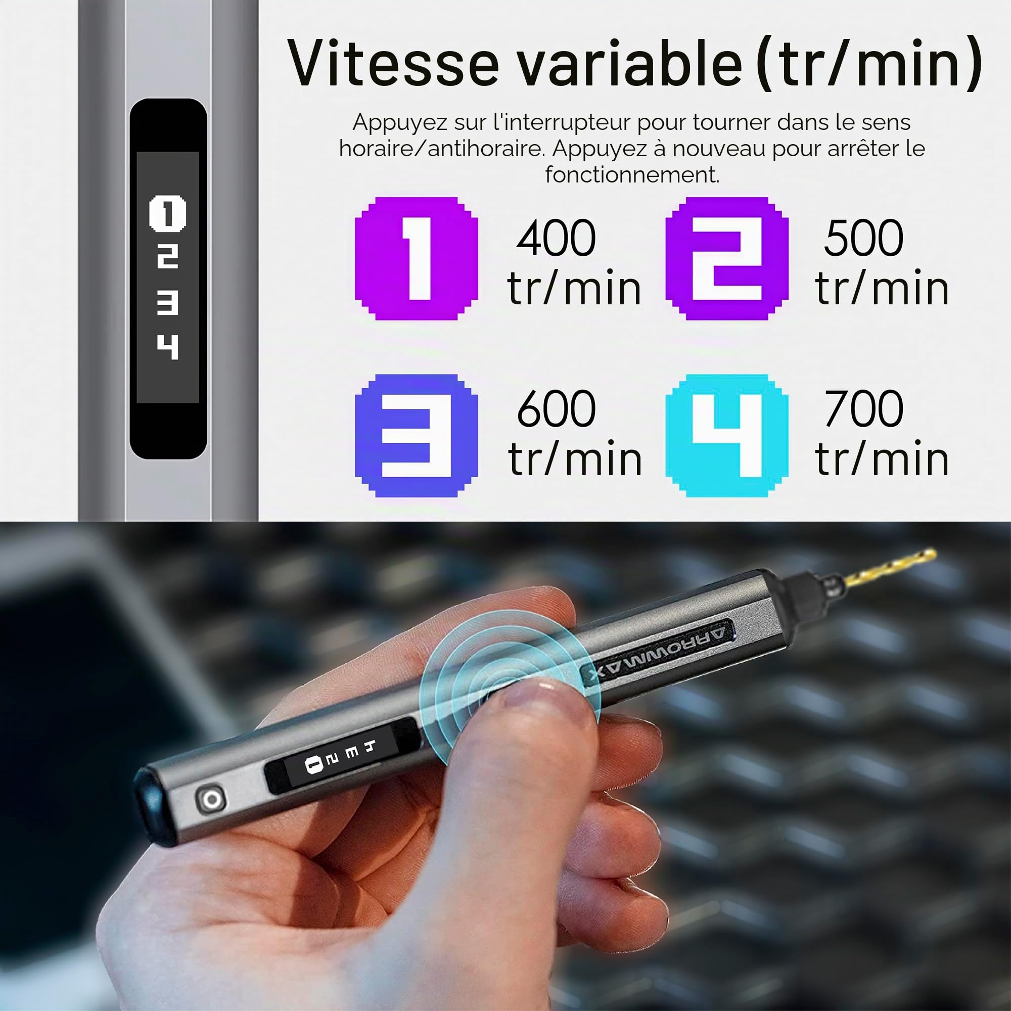 Mini perceuse électrique 4 vitesses avec presse de table hérisson, ARROWMAX 10 petits forets avec boîte en aluminium, écran OLED, lumières LED, mandrin sans clé 3/32" (SDS ULTRA PLUS)