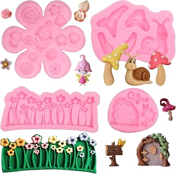 Enchanted Vintage Fairy Garden Fairy Gnome Home Door Snail Chocolate Silicone Fondant Molds 4 Pcs, Rose Flower Leaf Mold for Cake Decoration, Candy, Cupcake Topper, Polymer Clay Crafts Tree House Mold