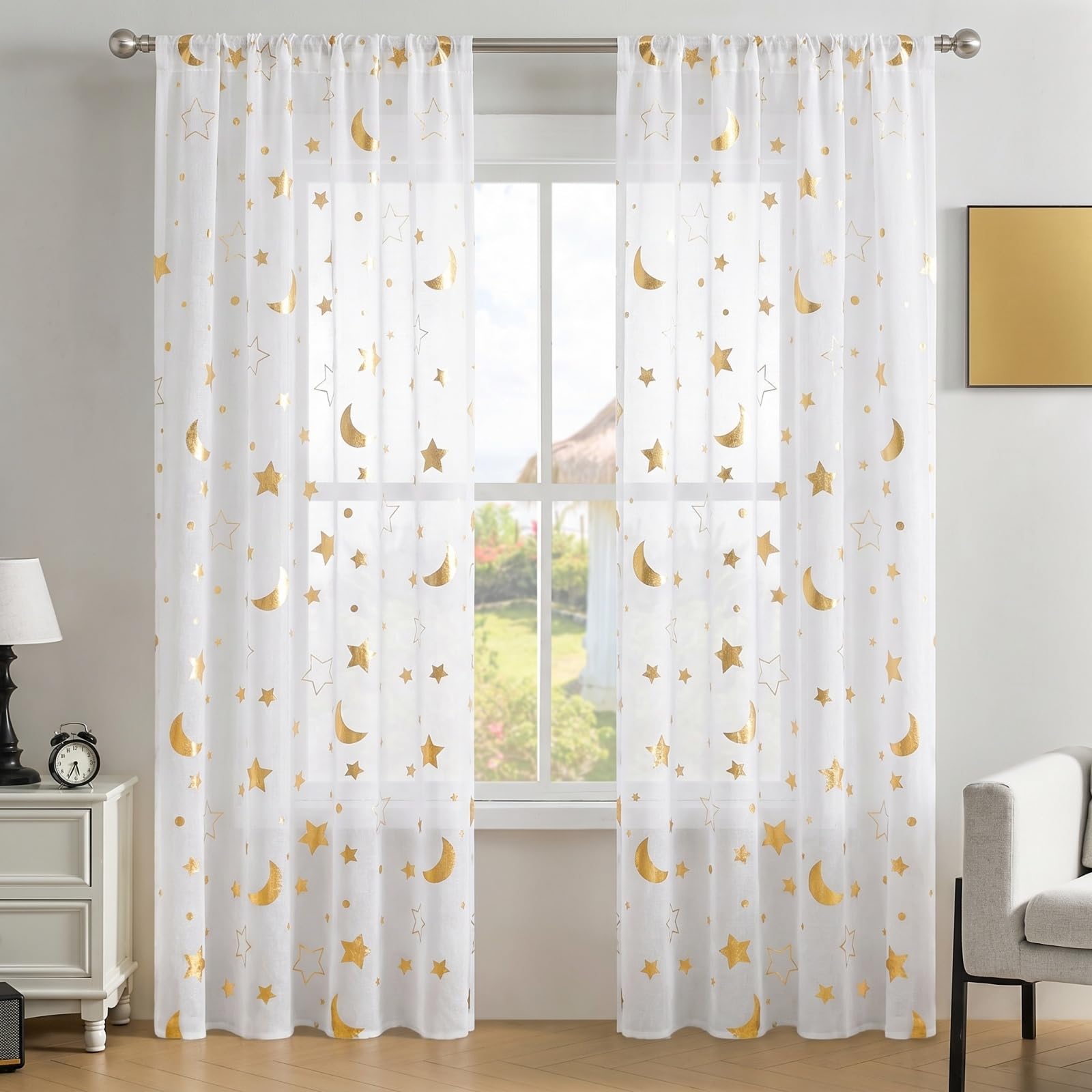 Gazal Vole White Sheer Curtains with Star and Moon for Nursery 63 inch Drop