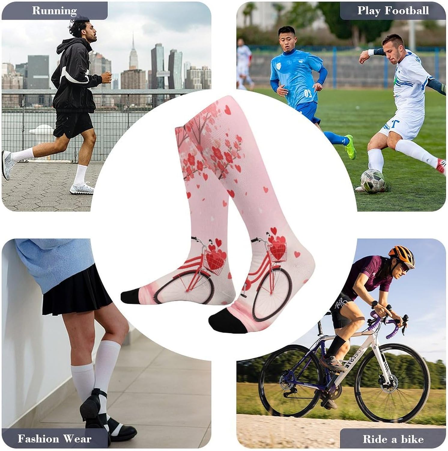 Heart Tree Bicycle Love Compression Socks for Men Women | Funny Novelty Knee High Socks, Breathable Cozy Soft Football Sock, Over The Calf Socks for Casual Work Athletic Sock & Gifts