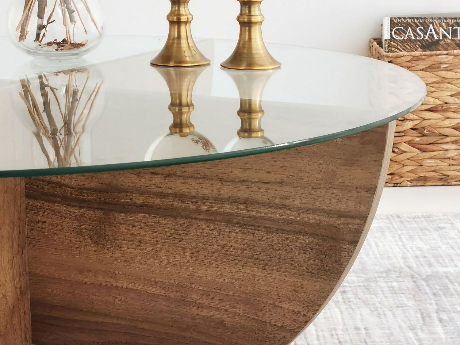 Menzzo Table Basse Design Sunac D90cm Verre Transparent et Bois foncé