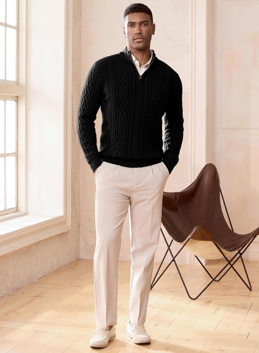 JMIERR Mens Quarter Zip Cable Knit Sweater Stand Collar Pullover Tops | Classic cable texture, stand collar quarter-zip detail, soft acrylic feel, machine-washable easy care, cool-weather layering
