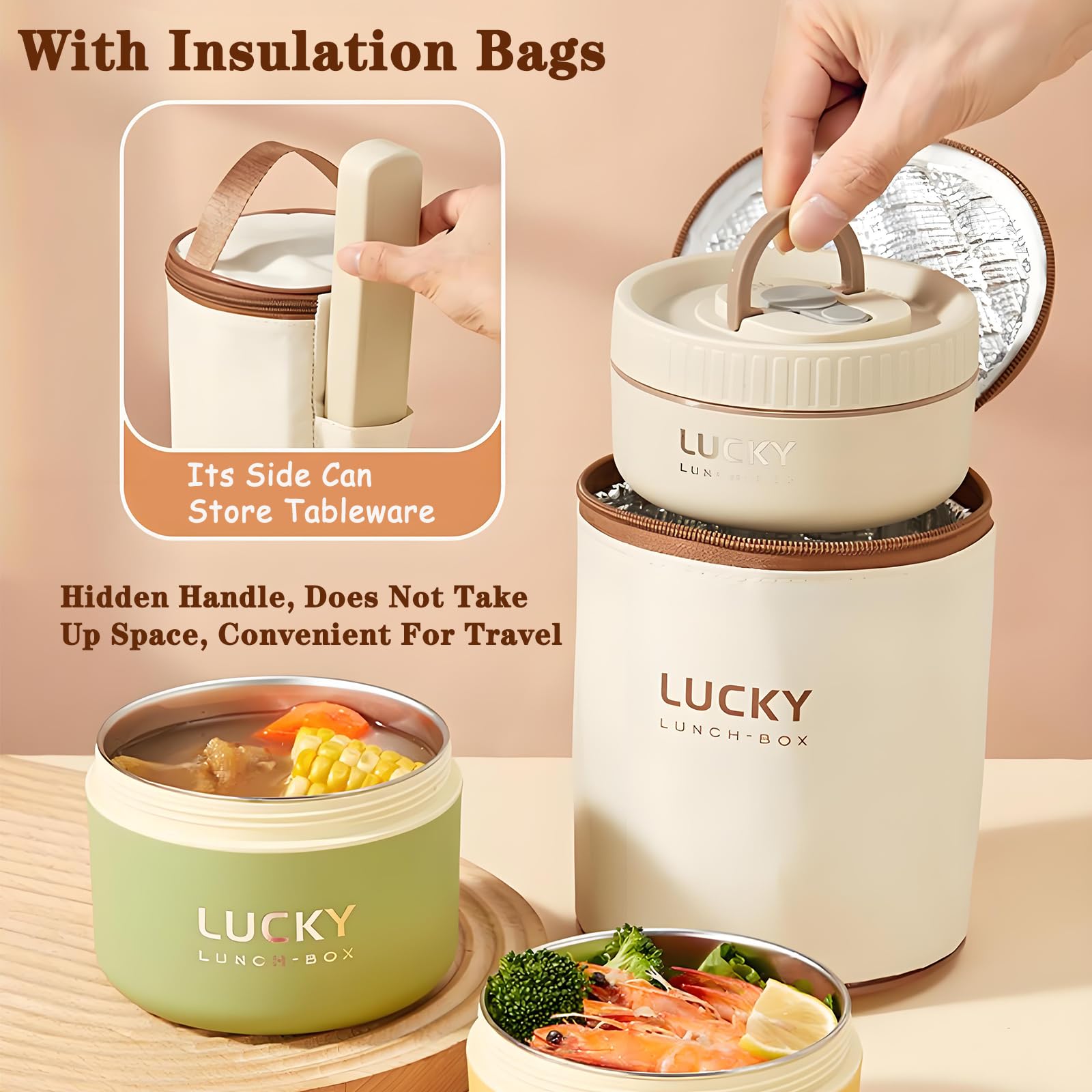 Lonchera de acero inoxidable, caja bento aislada de 3 niveles, apta para microondas, cuenco de sopa para adultos, recipiente térmico para trabajadores de oficina (marrón, 2 piezas + vajilla +