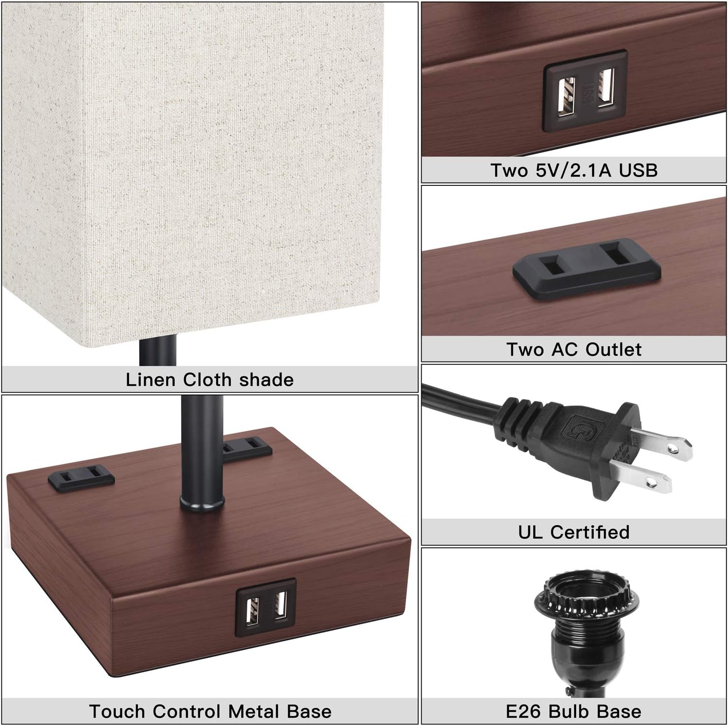 SHINE HAI USB Table Lamp, 3-Way Dimmable Touch Control, 2 USB Charging Ports, 2 AC Outlets, Modern Bedside Lamp for Bedroom, Living Room, Office, 60W Vintage LED Bulb Included