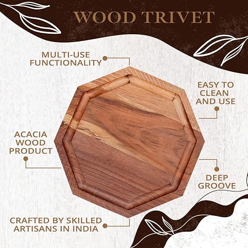 Miniatura 3 de K & R Salvamanteles de madera de acacia para platos calientes  Tabla de cortar reversible y 2 almohadillas calientes  Tabla de servir multiusos