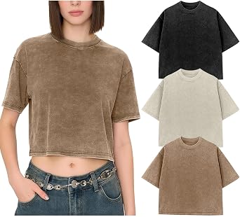 Kissonic Womens Oversized Cropped T Shirts Cotton Acid Wash Crop Tops | Short Sleeve, Vintage Baggy Tees, Round Neck, Casual Summer Shirts