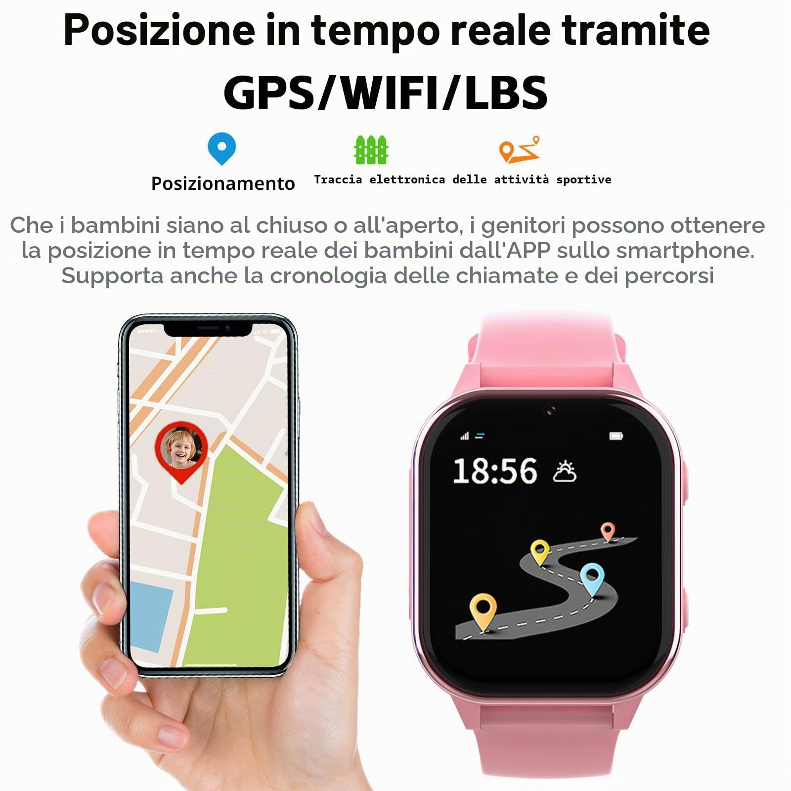 PTHTECHUS Orologio GPS, 4G Smartwatch con Videochiamata, 900 MAh, Orologio Bambino WIFI/Bluetooth, Con Immagini e Messaggi Vocali, SOS Contapassi Musica, Adatto Bambini Sopra i 5 Anni, Rosa tenue | 900 mAh Smart Watch GPS/WIFI/Bluetooth, contapassi, calor