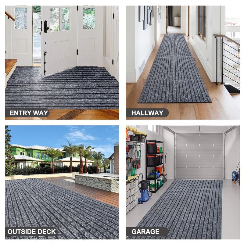 Image of TIB Anti-Slip Door Mat with PVC Rubber Backing, Water & Stain Resistant Striped Floor Mat for Home Entrance, Bathroom & Kitchen, Durable Non-Woven Surface,Easy Clean Doormat,4x19ft,Grey