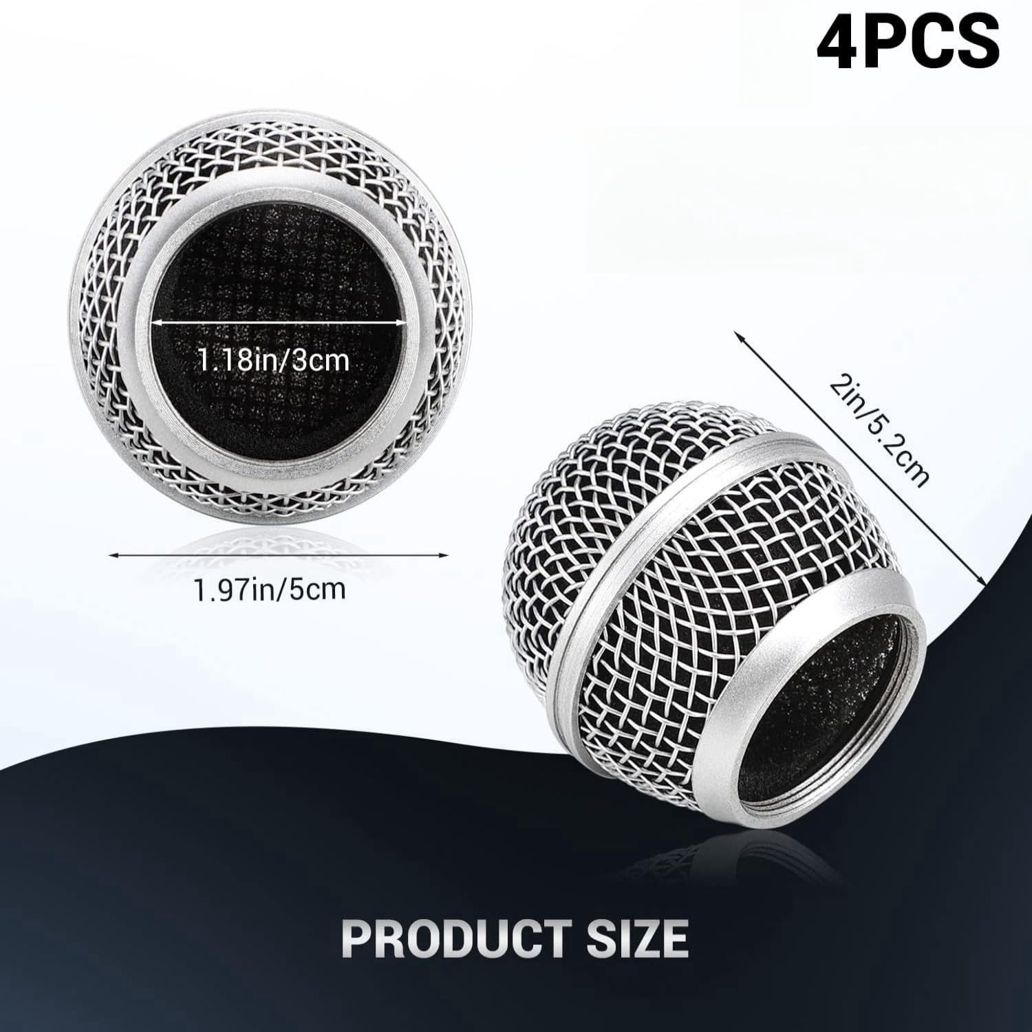 4 PCS Replacement Grilles for Shure Wired and Wireless SM58, Beta58A, SV100 Microphones, Microphone Grille Ball with Inner Foam, Steel Mesh Microphone Grille Head - Silver