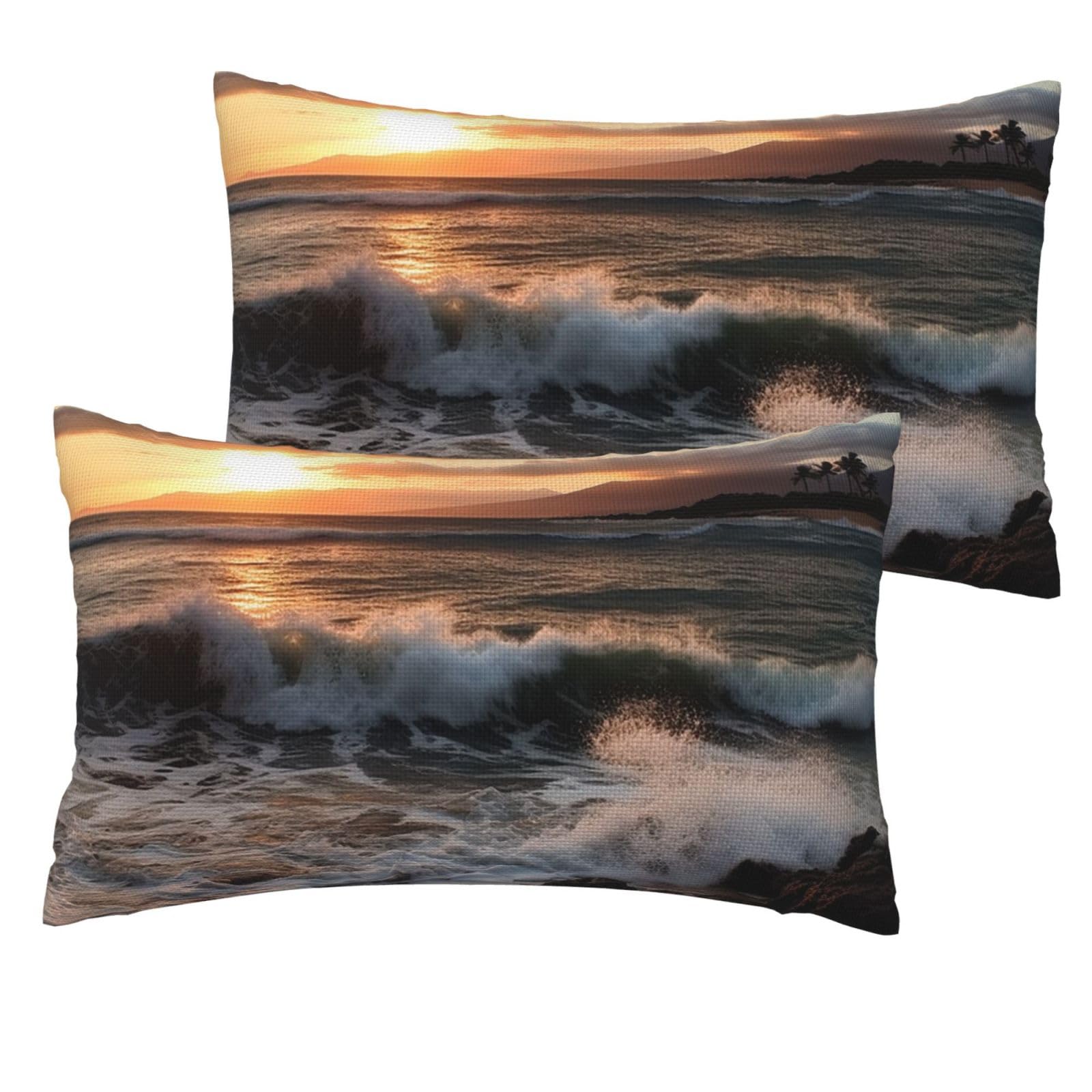 2 Pack Pillow Cases with Hidden Zipper, Soft Breathable Decorative Pillow Covers for Hair and Skin, Beach Sunset Sea Waves Pillowcases 12"x20" Bed Pillow Protectors Cover for Sleeping Gifts