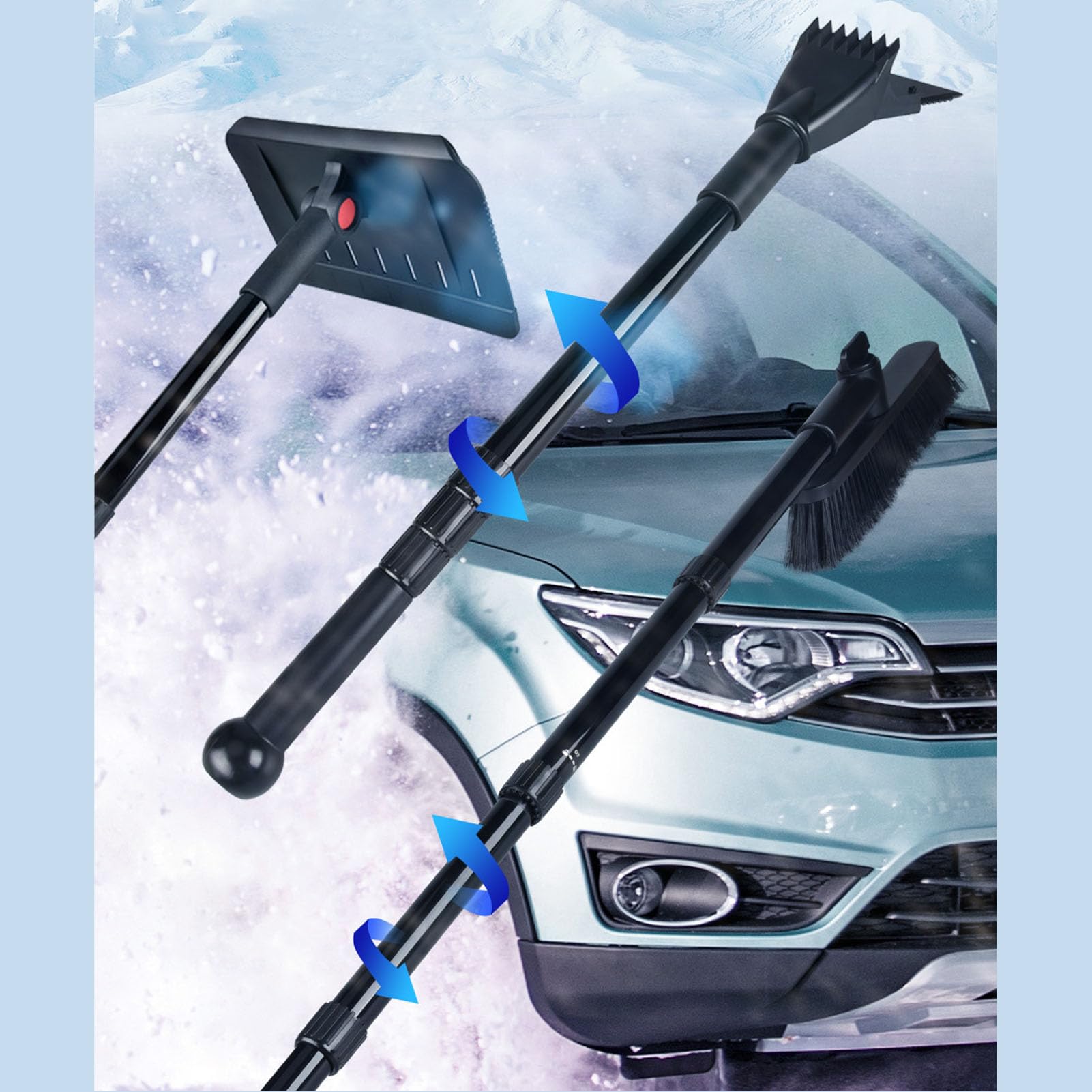 Kit pala da neve multifunzionale, strumenti per la rimozione della neve retrattile in lega di alluminio con spazzola e raschietto per ghiaccio
