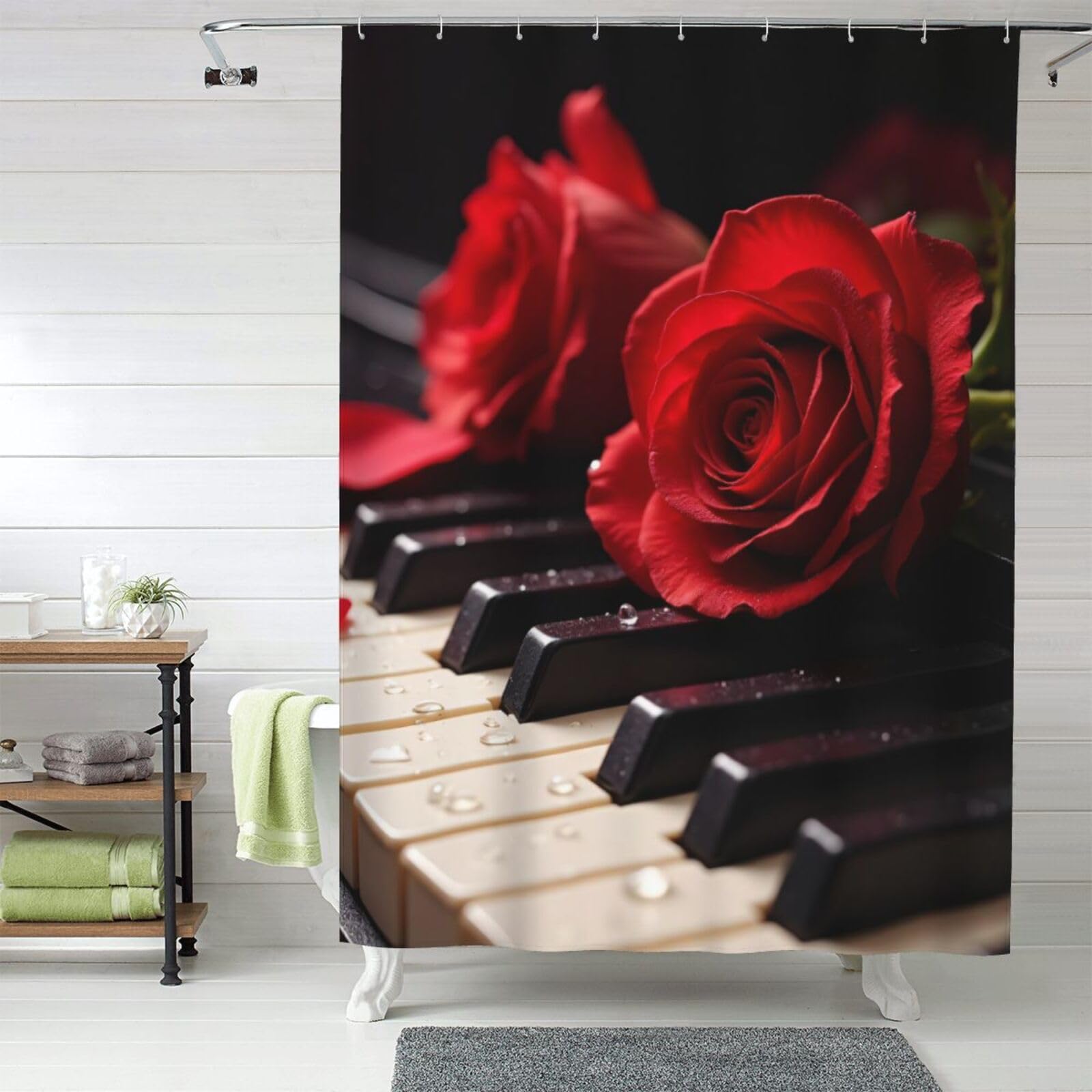 Rideau de douche rose et piano tissu épais lavable 152x183 cm n°634