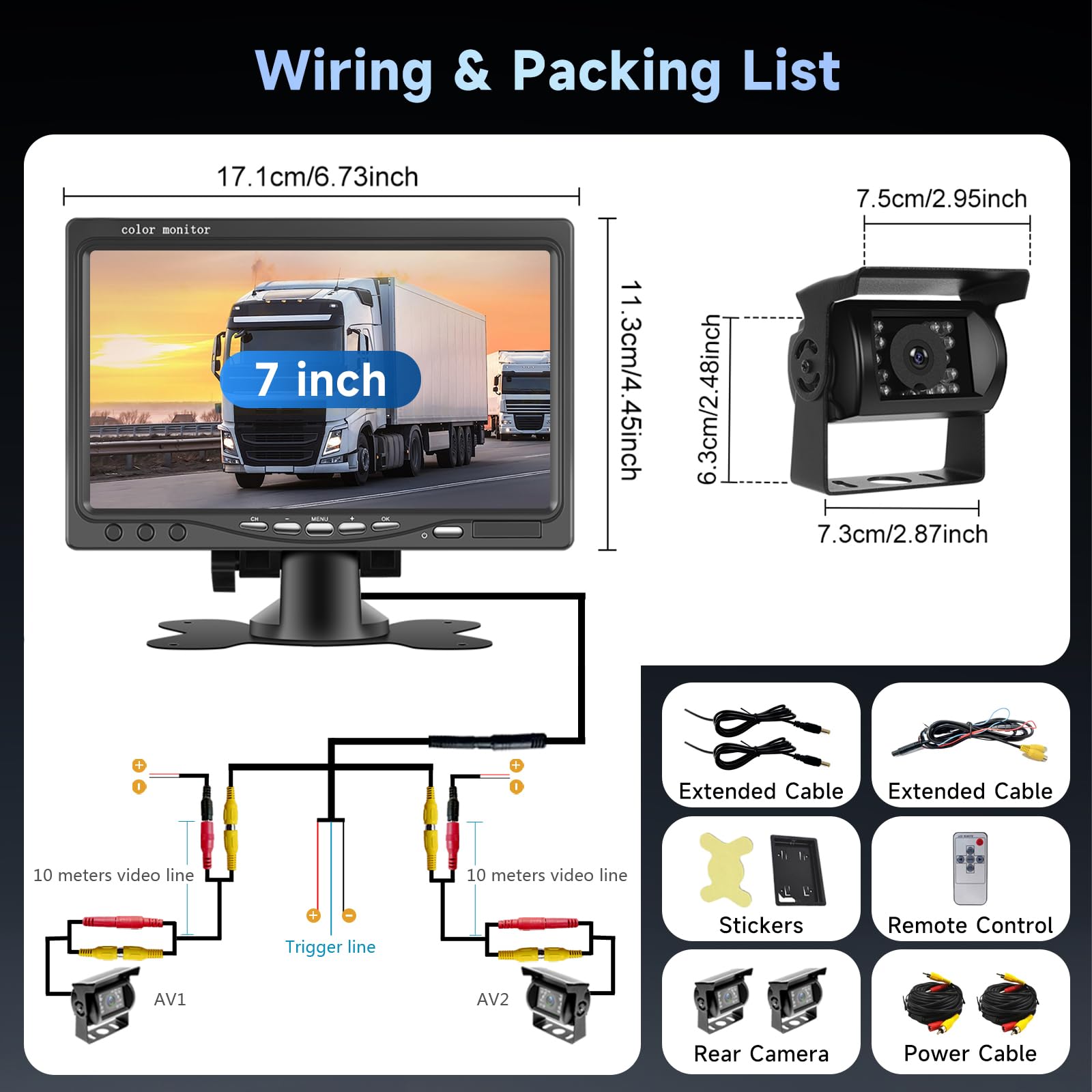 Telecamera posteriore da 7 pollici con 2 telecamere posteriori, kit telecamera posteriore Podofo 18 IR LED visione notturna IP68 telecamera di backup impermeabile per camion RV Bus 9V-35V