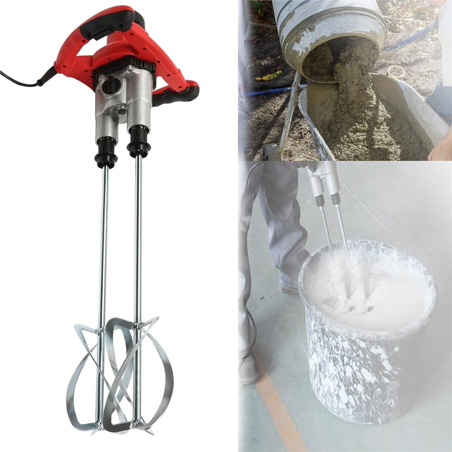 1800W Handheld Electric Concrete Mixer,Double-Paddle Electric Cement Mixer,Portable Mud Mixer with 6 Adjustable Speed,180CM line,Double Auger Mixer