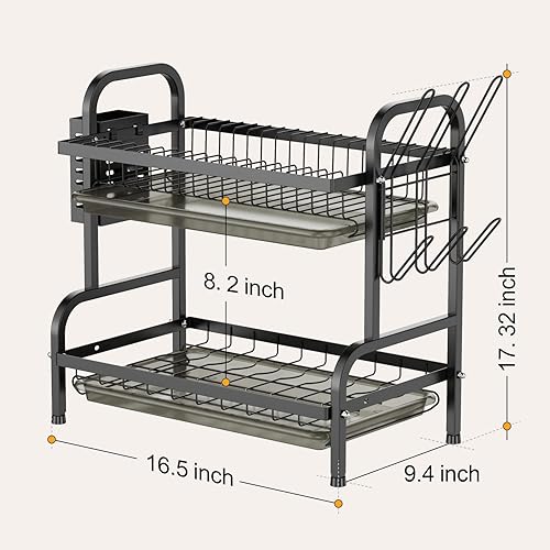 Miniatura 4 de Swedecor Escurridor de platos de 2 niveles con soporte para tazas y soporte para utensilios, escurridor de platos pequeño con 2 bandejas para
