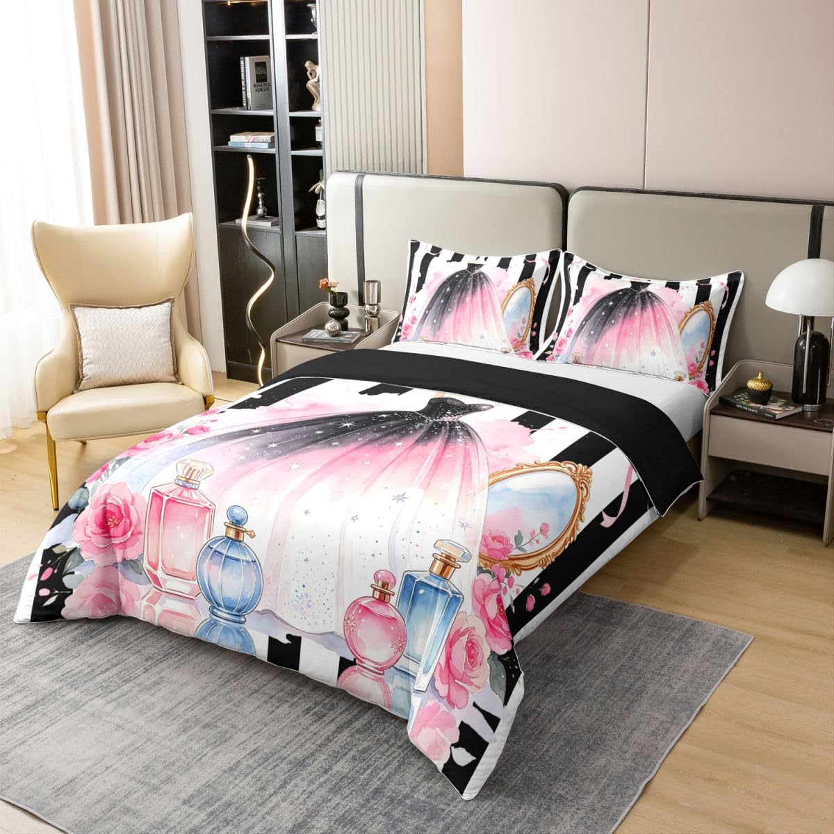 Loussiesd Sukienka poszewka na kołdrę 100% bawełna super king size czarny różowy biały poszewka na kołdrę dla chłopców dziewcząt perfumy zestaw pościeli 3 szt. buty na wysokim obcasie dekoracja pokoju