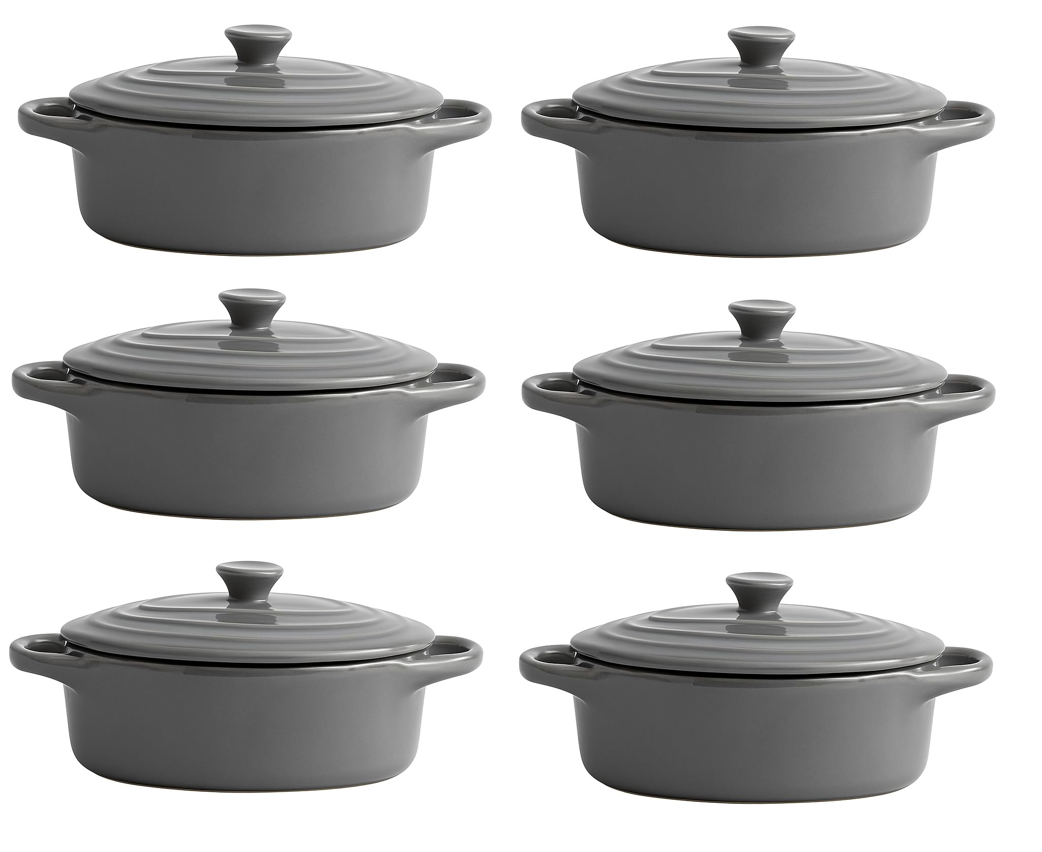 Mini Cocottes Gris en Céramique Double Poignées avec Couvercle – 12,5 x 7,5 cm – Lot de 6, Hobby Tech