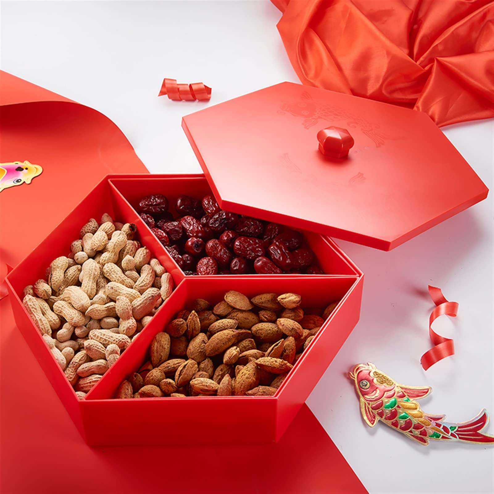 Tazón de frutas Caja de frutas secas Rejilla dividida con tapa Caja de tuercas Sala de estar moderna Caja de dulces Merienda de semillas de melón Bandeja de frutas secas creativa Cesta de frutas