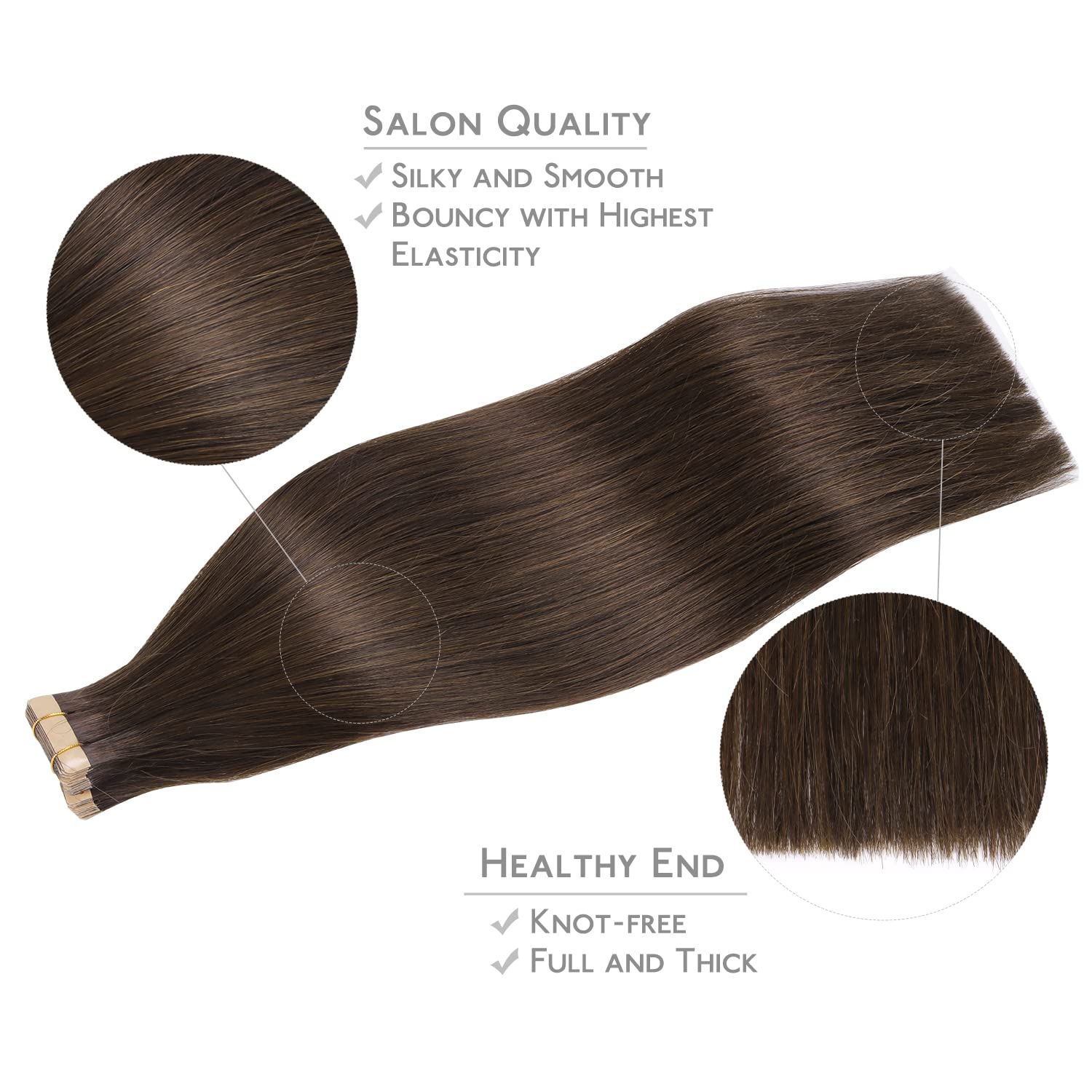 WENNALIFE Tape-In Real Hair Extensions, Real Hair, Pack of 20, 50 g, 35 cm / 14 Inches, Light Dark Brown, Remy - Image 4