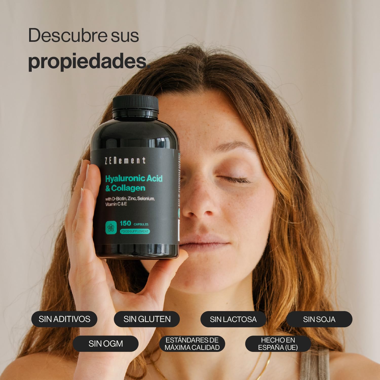 Ácido Hialurónico y Colágeno con Biotina, Zinc, Selenio, Vitaminas C y E - 150 Cápsulas - Para Piel, Articulaciones y Huesos - 1000 mg de Colágeno + 200 mg de Ácido Hialurónico por Dosis - Zenement