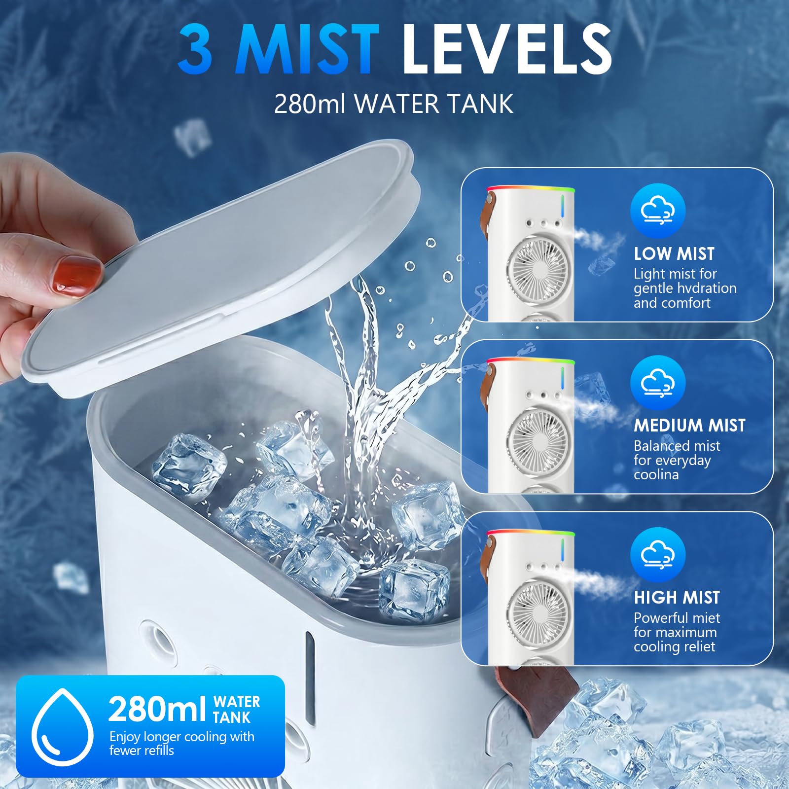 Mobile Klimaanlage 4 in 1, Luftkühler Ventilator USB, Mini Klimagerät mit 280ml Wassetank, Luftbefeuchter, LED -Licht, 3 Geschwindigkeiten, 3 Nebelmodi, Luftreiniger für Hause, Büro, Reisen