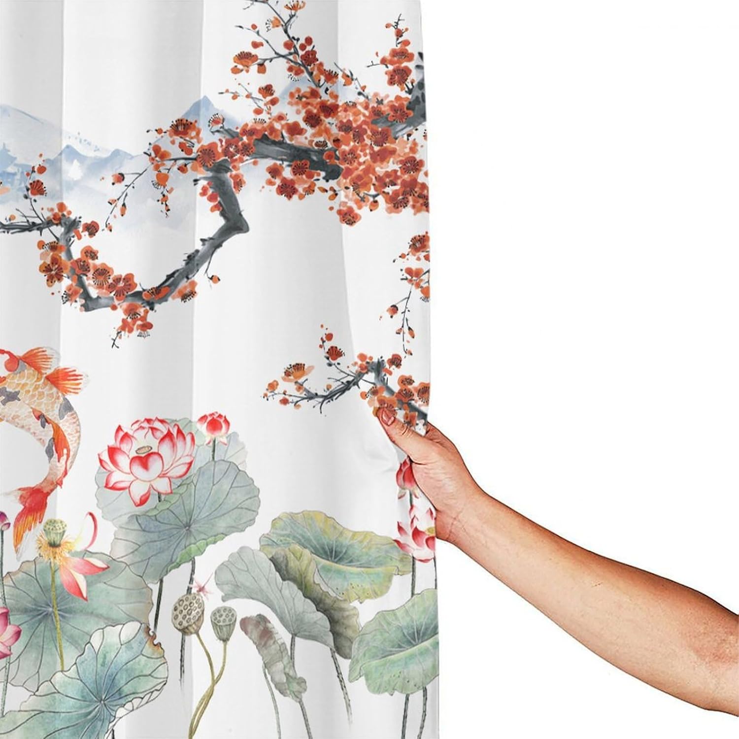 Japanese Koi Fish Shower Curtain,Spring Nature Landscape Cherry Blossoms Floral Print Shower Curtain for Bathroom Decor Asia Oriental Theme Fabric Waterproof Upholstery Hook 72x72inch