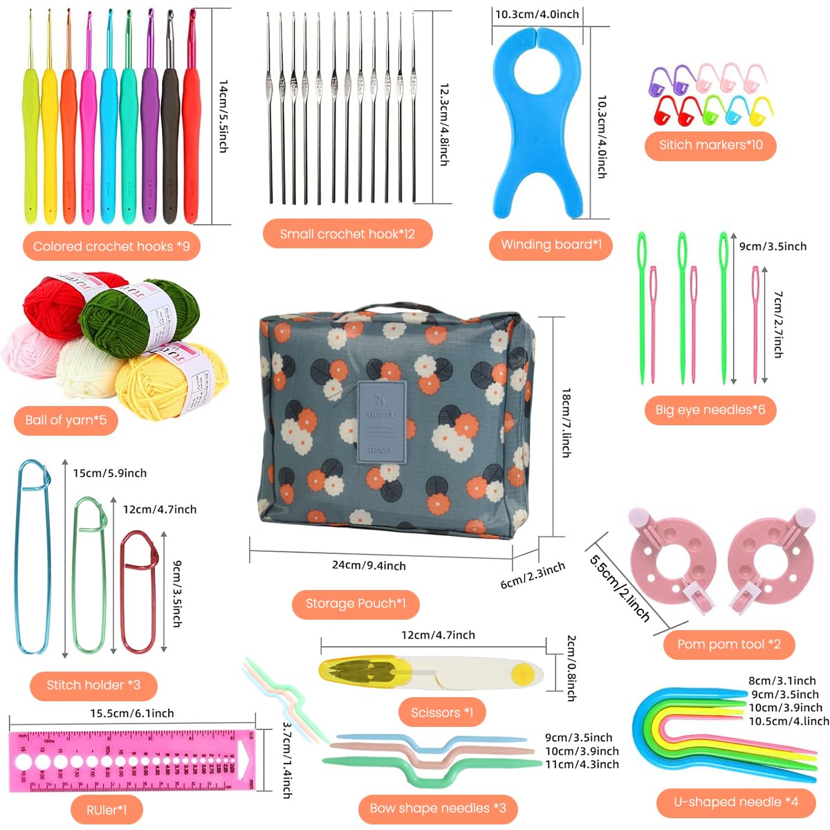 Samyuktha Kit de agujas de ganchillo de 107 piezas con bolsa de transporte, kit de agujas de ganchillo con herramientas y accesorios, kit completo de agujas de ganchillo para principiantes y