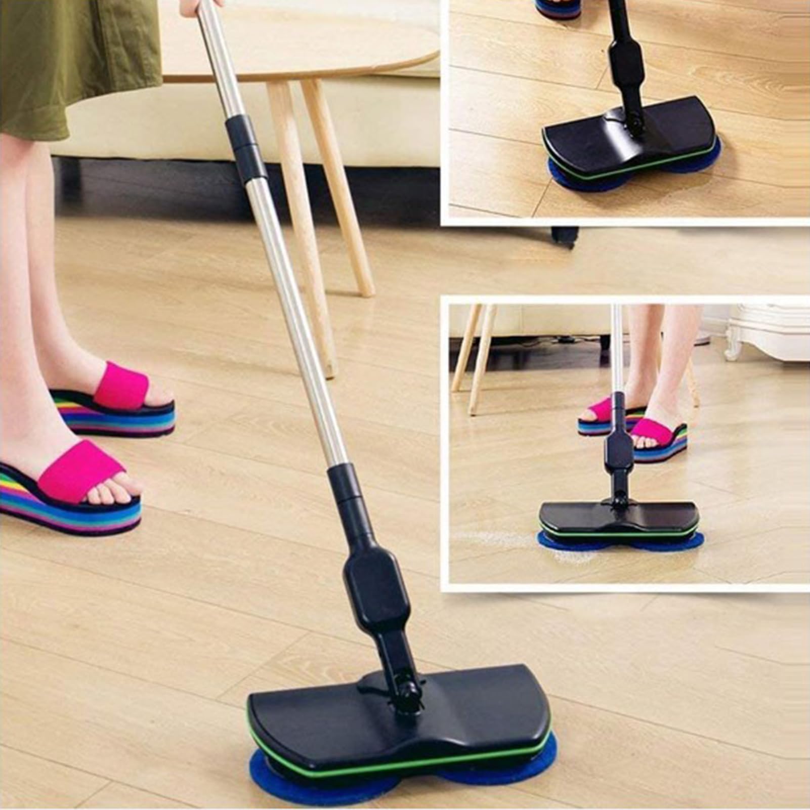 Fregona Wireless Eléctrico Rotativo, Electrónica Doble Vuelta Fregona y Pulidora, Altura Ajustable, Jefes Reutilizable Mopa Microfibra, para Cualquier Superficie Dura
