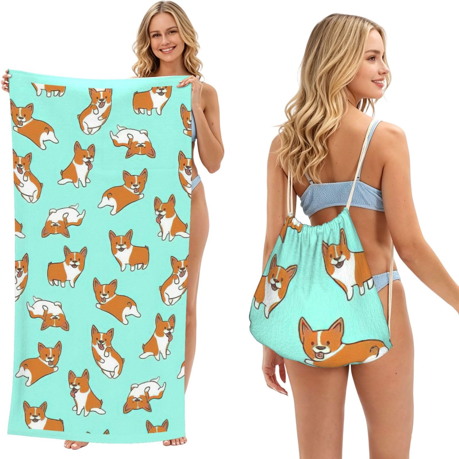 aacxzff Corgi Cute Dog Print 2 in 1 Packable Towel Bag, Drawstring Beach Towel Backpack,80x160cm for Beach trips