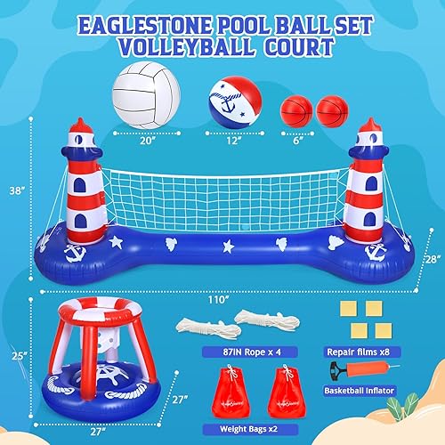 Miniatura 7 de EagleStone Red de voleibol para piscina y aro de baloncesto, flotadores inflables para piscina, juguetes para nadar juegos de agua para adultos y