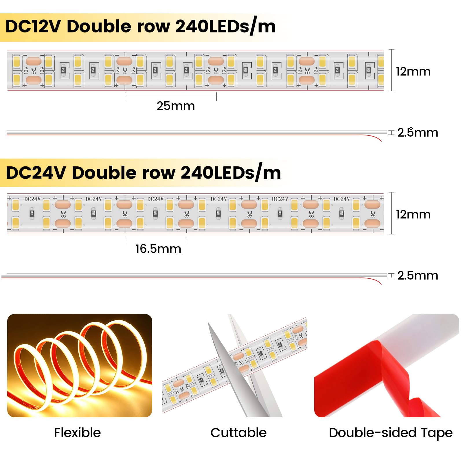 KISUFU 12V LED Streifen Licht, IP68 wasserdicht 2835 SMD 240 LEDs/m CRI90+ Selbstklebend LED Strip mit Stromversorgung für Schlafzimmer, DIY Küche Dekoration.