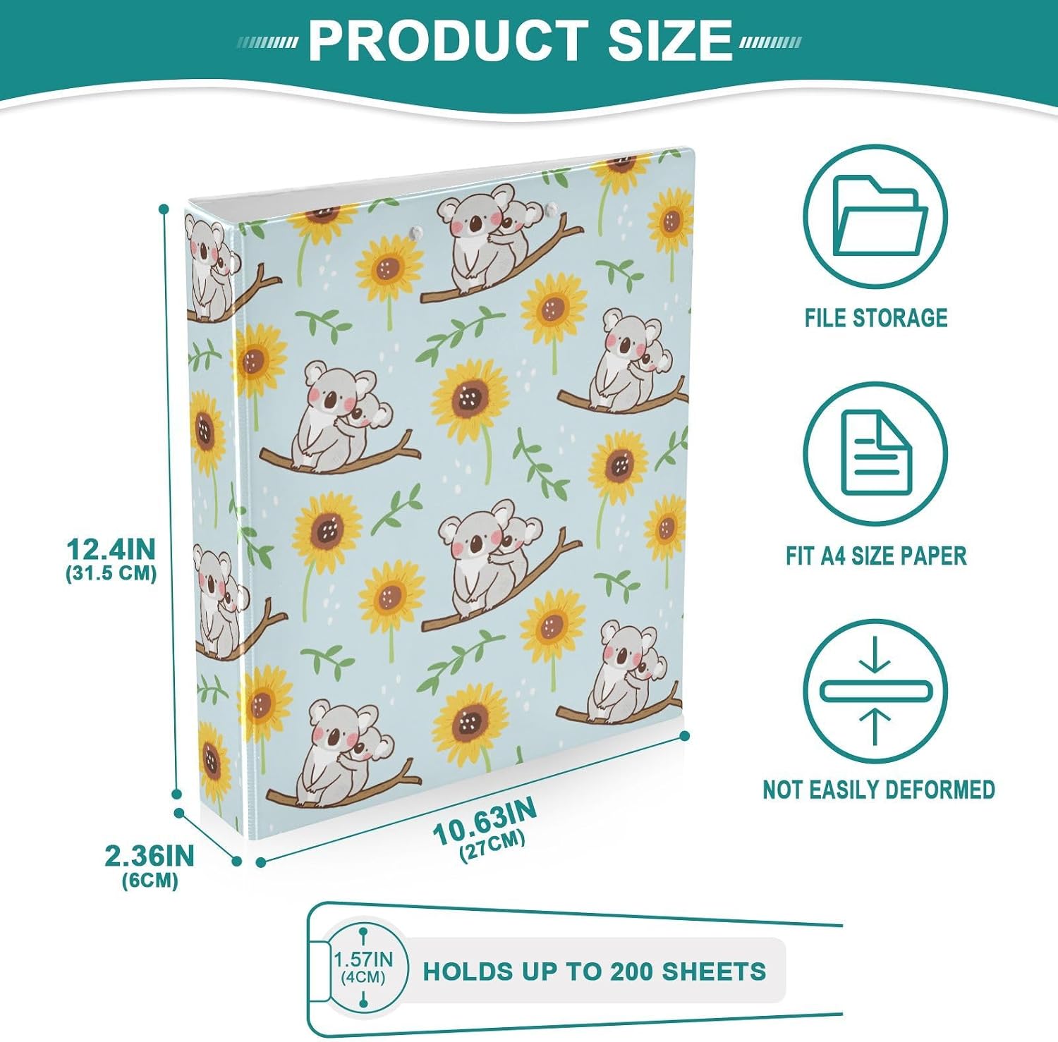ZZKKO Koala Bear Sunflower 3 Ring Binder 1.5 Inch Binders with Clipboard Pockets for School 3 Hole Office Binder, 1 Pack