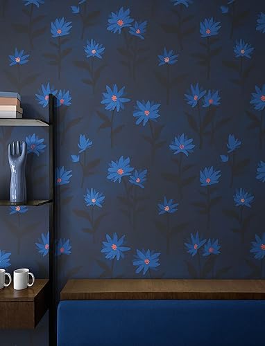 Dark Navy Blue Color Flower Wall Mural Pattern. Nursery Room, Living Room, Bedroom, Bathroom, Kitchen, Dinning Room Peel and Stick Wallpaper. #6451