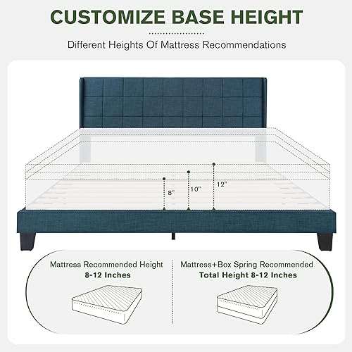 Miniatura 7 de MUTICOR Base de cama tamaño King con cabecera de ala, diseño cosido cuadrado, soporte de listones de madera, fácil montaje, azul marino