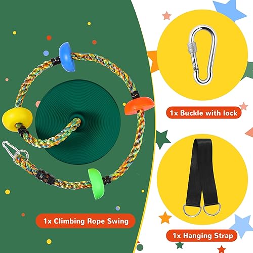 Miniatura 2 de Columpio de árbol para niños, juego de cuerda de escalada de asiento de un solo disco resistente con correa para colgar y mosquetones de plataforma