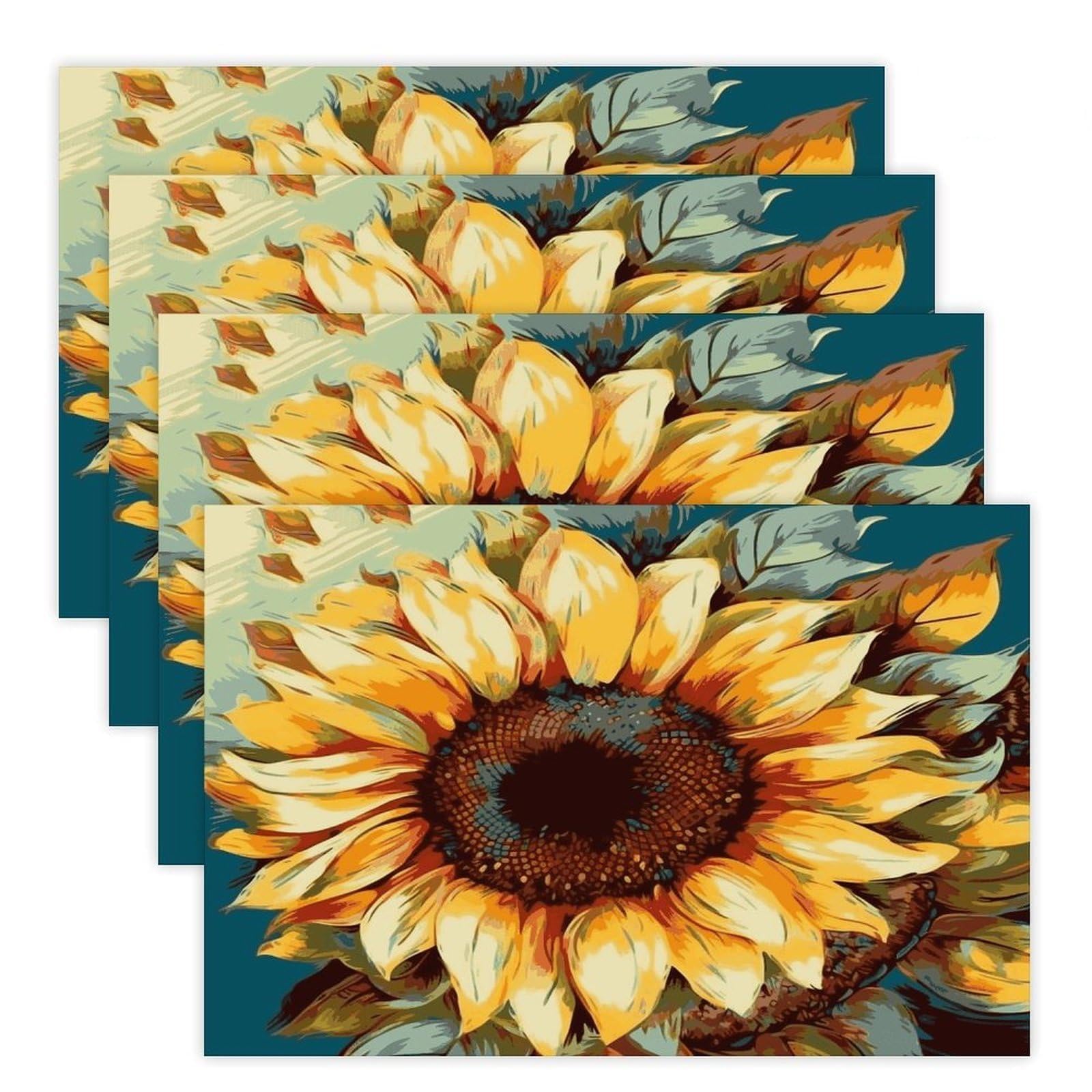 Color Painting Sunflower Placemats Heat-Resistant Washable Place Mats Anti Slip Dining Table Place Mats Wipeable Dining Table Mats Kitchen Decoration Placemats 17.7’’×11.8’’