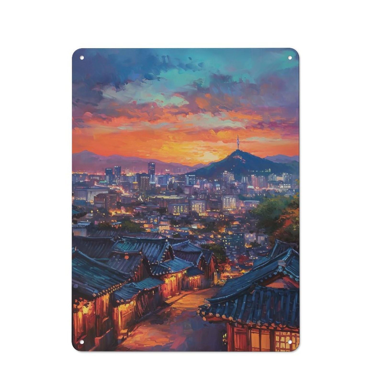 Junmoney Style-13 Workshop Style Seoul Cityscape At Sunset Painting Tin Sign 40X30cm, Workshop Wall Decor For Tool Room, Garage, Studio Or Home Bar