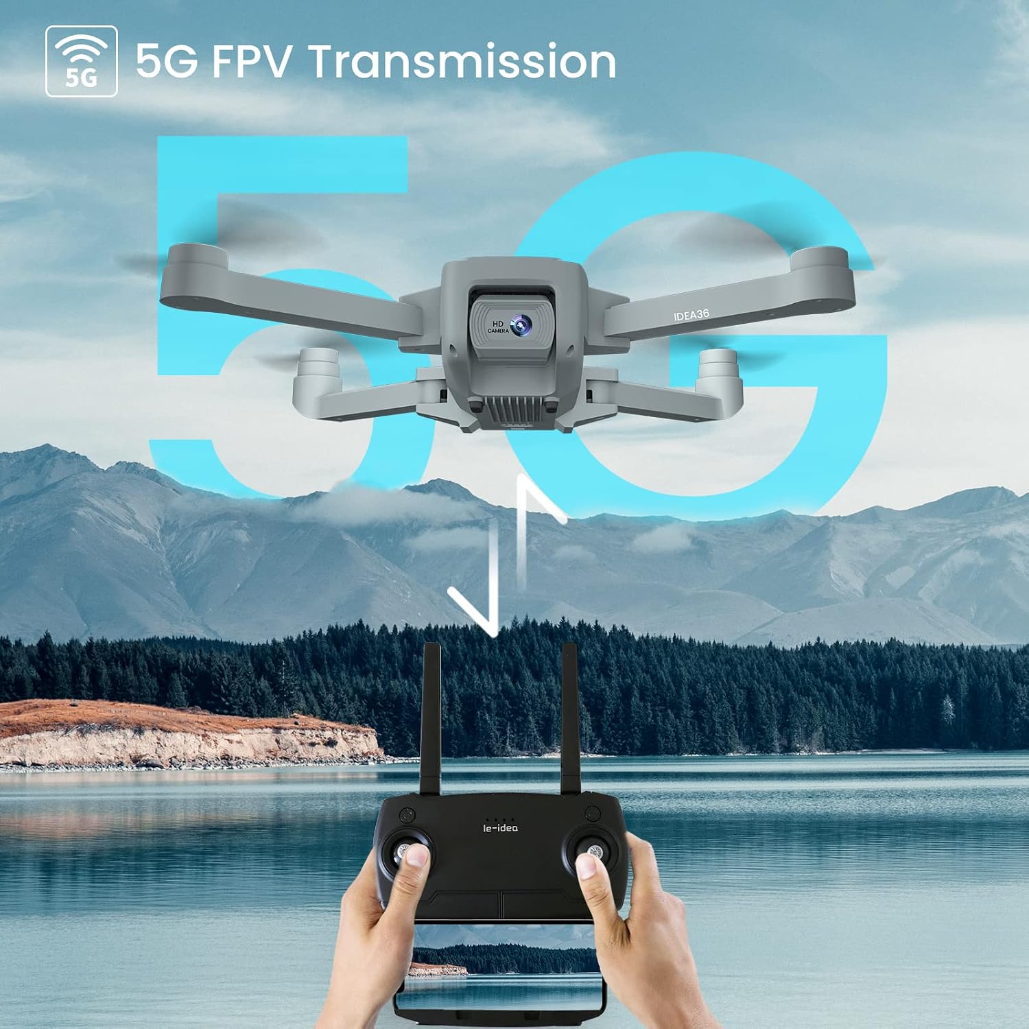 Illustration of 5G FPV transmission between the IDEA36 drone and its remote controller with a smartphone attached.