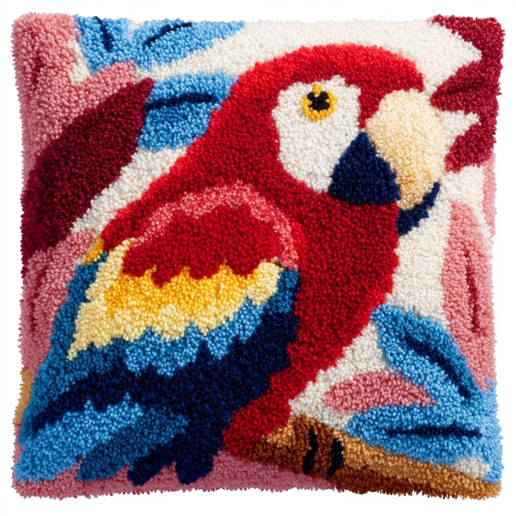 Taxpy DIY Latch Hook Kits, Parrot on a Branch Pillow with Printed Canvas Handmade Cushion Crochet Yarn Embroidery Hook and Latch Kit Pillowcase 43x43cm