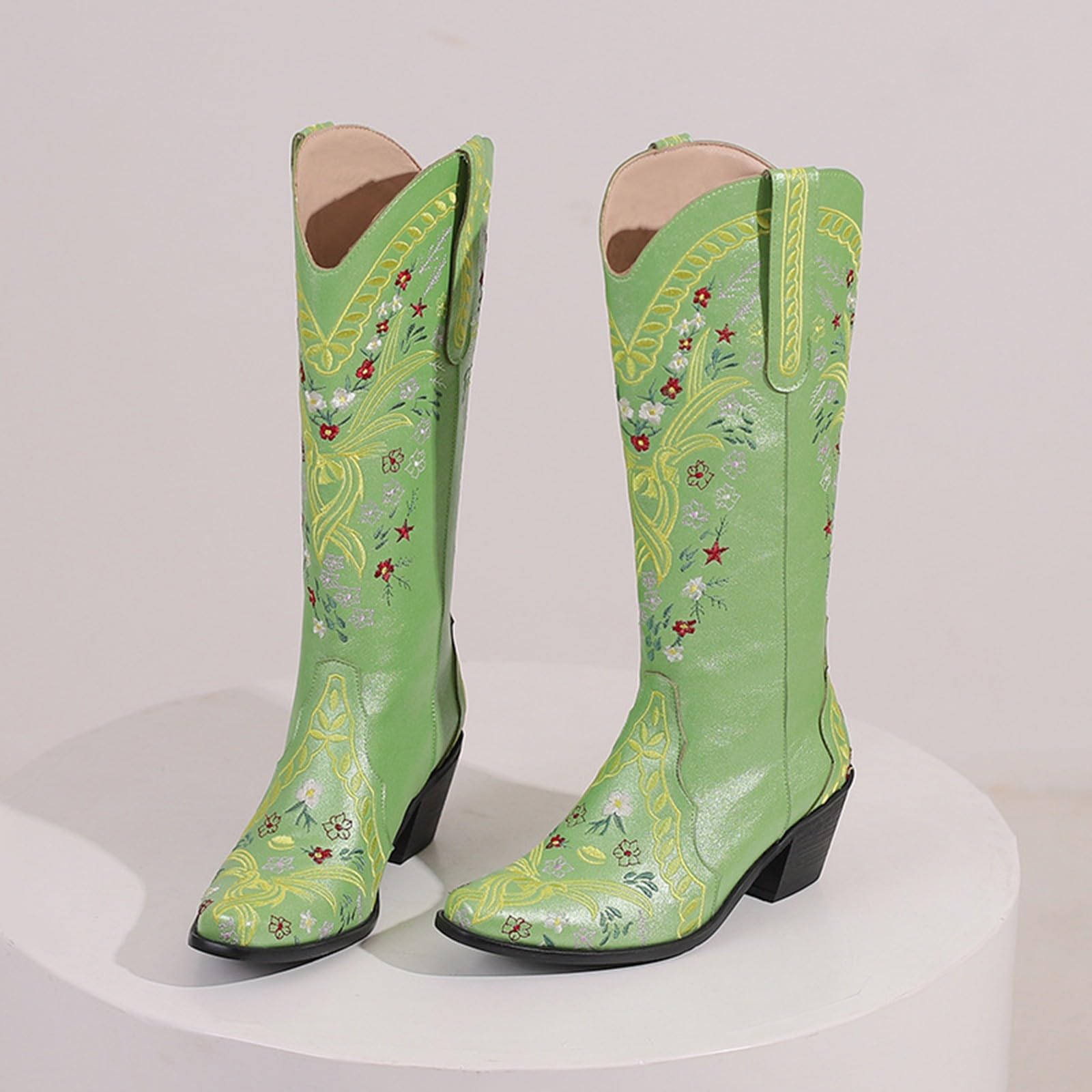 Stivali da cowboy da donna, vestibilità larga, con tacco medio grosso, punta a punta, stivali da cowgirl con ricamo occidentale stile country, stivali da donna classici in pelle PU calzature casual