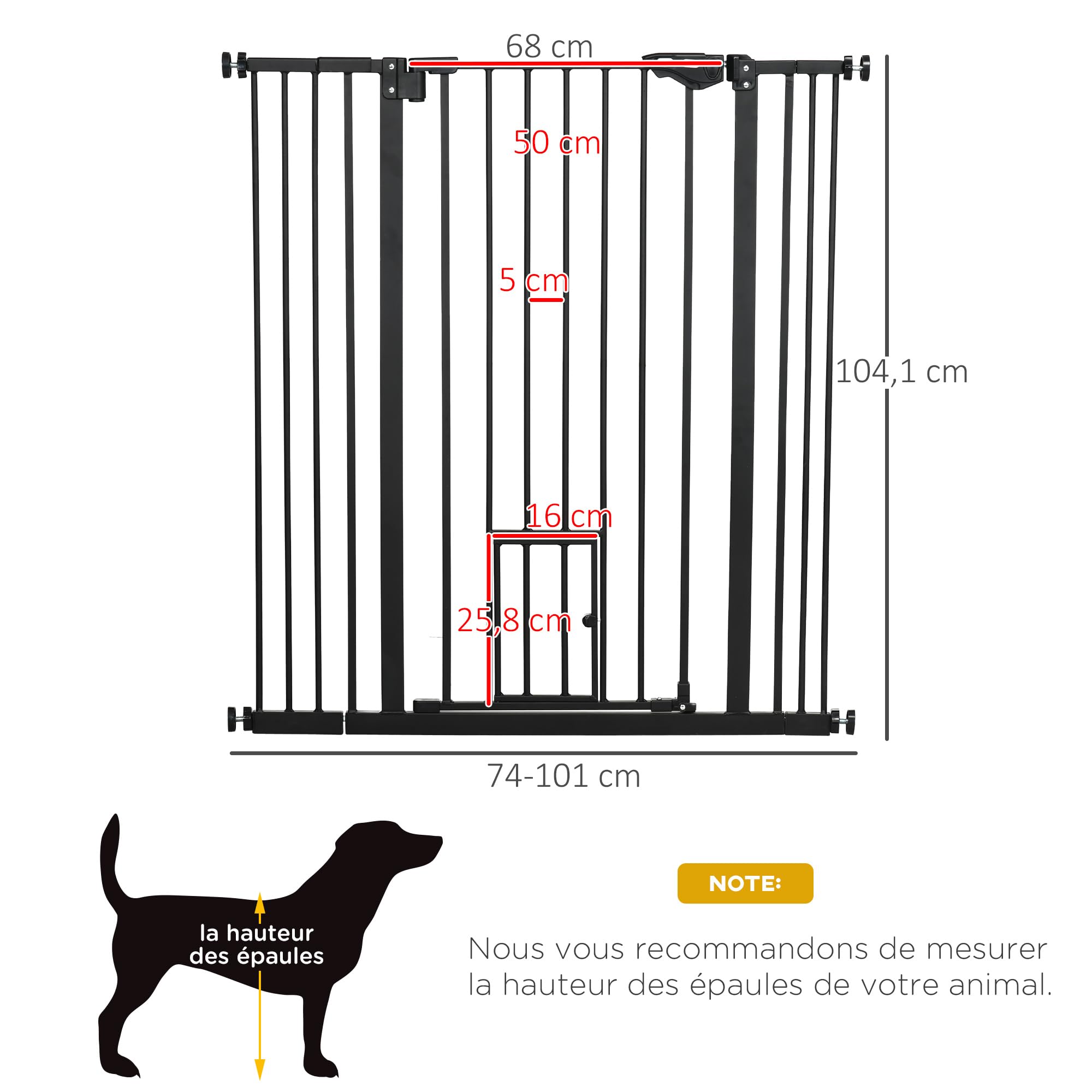 PawHut Barrière de sécurité Animaux de 104H cm Conception Haute avec Porte Chat Fermeture Automatique système de Double Verrouillage sans percage de 74 à 101 cm Acier Noir