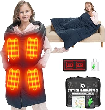 CYCYHEAT Kids Heated Blanket Battery Operated - Boys and Girls 7.4V DC Portable Cordless USB Heating Blanket for Outdoors