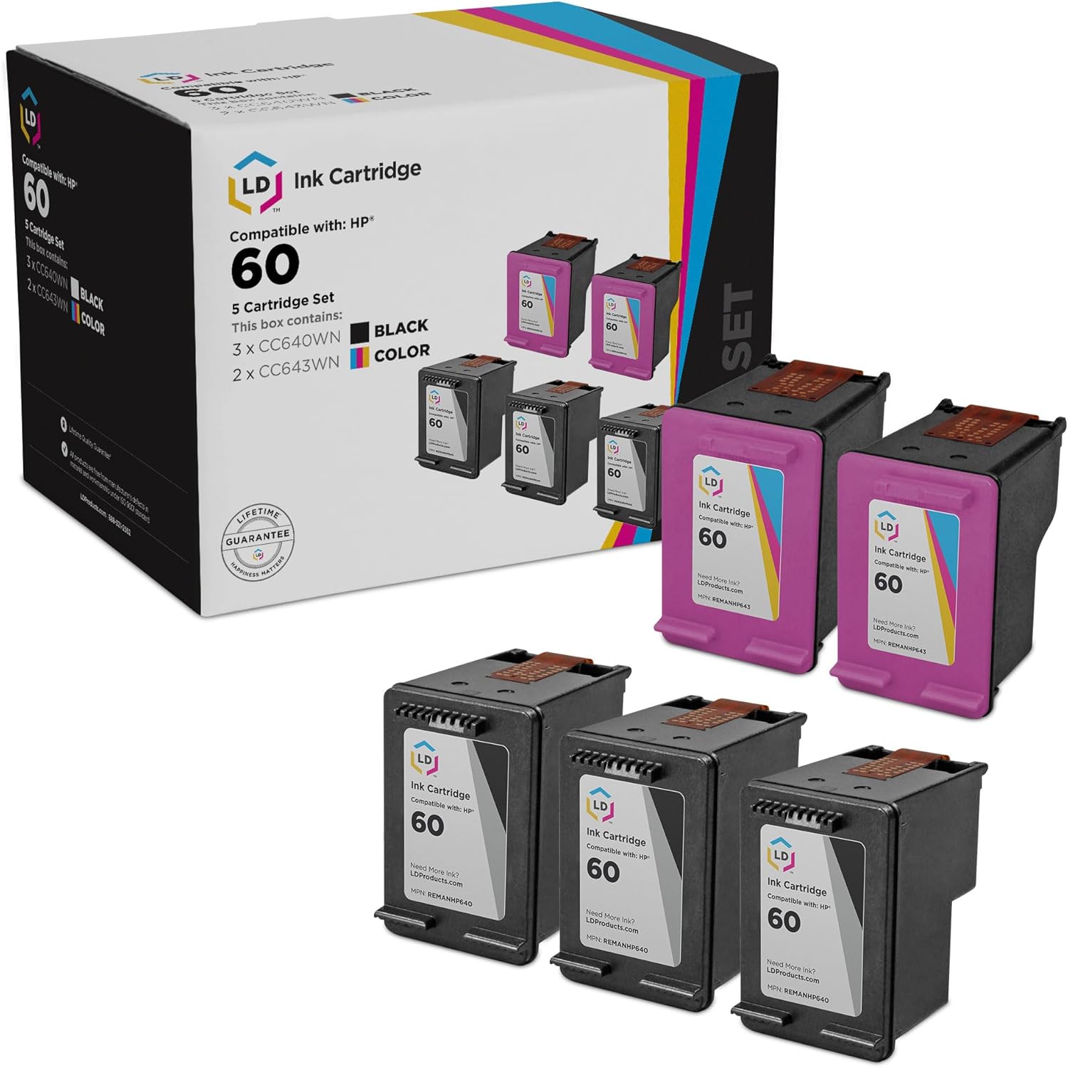 LD Products Remanufactured Compatible Ink Replacement for HP 60 (5 Set - 3 Black 2 Tri Color) Compatible with HP Photosmart, Envy e All-in-one, and Deskjet Printers