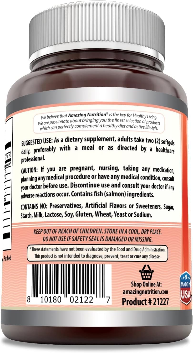 Amazing Omega Wild Alaskan Salmon Oil 2000 Mg Supplement | Softgels | Non-GMO | Gluten-Free | Made in USA (3 Pack | 180 Count)