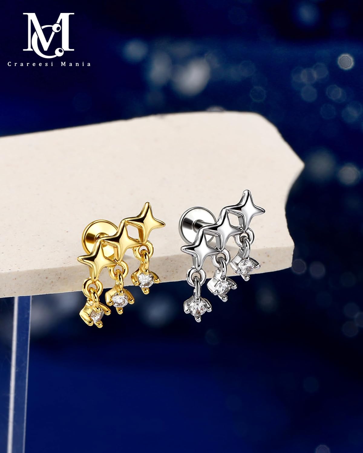 CM Crareesi Mania Star Helix Stud Earrings, 16G Flat Back Helix Cartilage Stud, 316L Stainless Steel Forward Helix Piercing Jewelry, Dangle Cartilage Studs